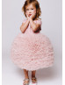 Cap Sleeves Beaded Pink Tulle Ruffle Flower Girl Dress